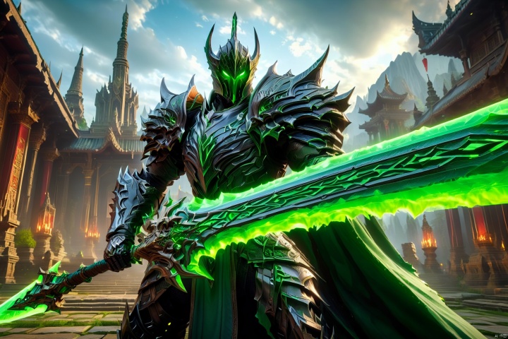  Action shot of a knight wearing black armor, wielding a giant green sword, green glowing eyes, torn cape, temple in background, HD, masterpiece, best quality, hyper detailed, ultra detailed, Naturalbody