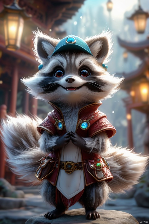  shanhaijing,Cute little raccoon, solo, looking at viewer, smile, open mouth, jewelry, standing, tail, full body, male focus, teeth, artist name, blurry, blurry background, fangs, gem, furry, forehead jewel