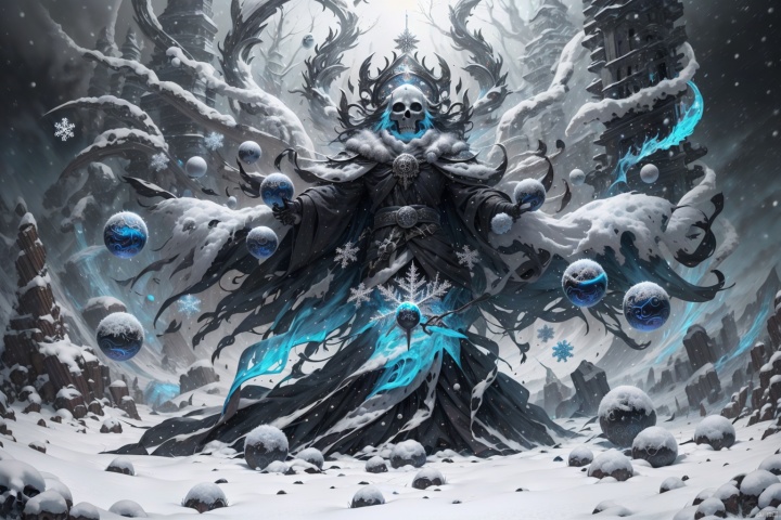  Masterpiece, high detail, 8K, high-definition,(Skull Mage), white skeleton, wearing a black magic robe with a silver white snowflake pattern, a black wizard hat with silver white snowflakes, (sparkling ice blue crystal eyeballs), slightly upturned mouth, surrounded by a silver white magic halo, with small snowflakes floating in the halo, (a black staff inlaid with ice blue crystals, wrapped in a vine like light), with a violent blizzard in the background, The snowflakes rolled up by the strong wind are dancing in the air, and the momentum of the blizzard and the magical aura of the skeleton mage complement each other. The movie lighting effect, depth of field, and sense of luxury

