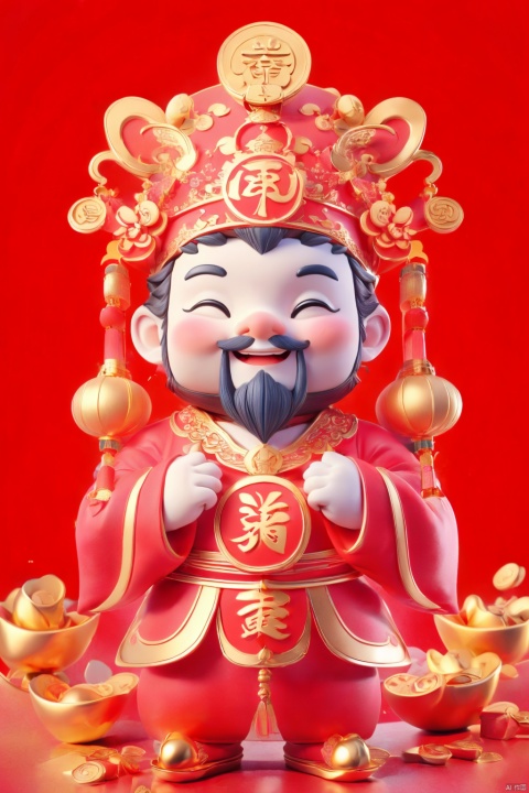  masterpiece,best quality,caishen,1man,facial hair,beard,solo,chinese clothes,long sleeves,wearing red caishen_headwear,wide sleeves,smile,gold,cloud, facai, xinnian, caishen, dafengcaishen, HTTP
