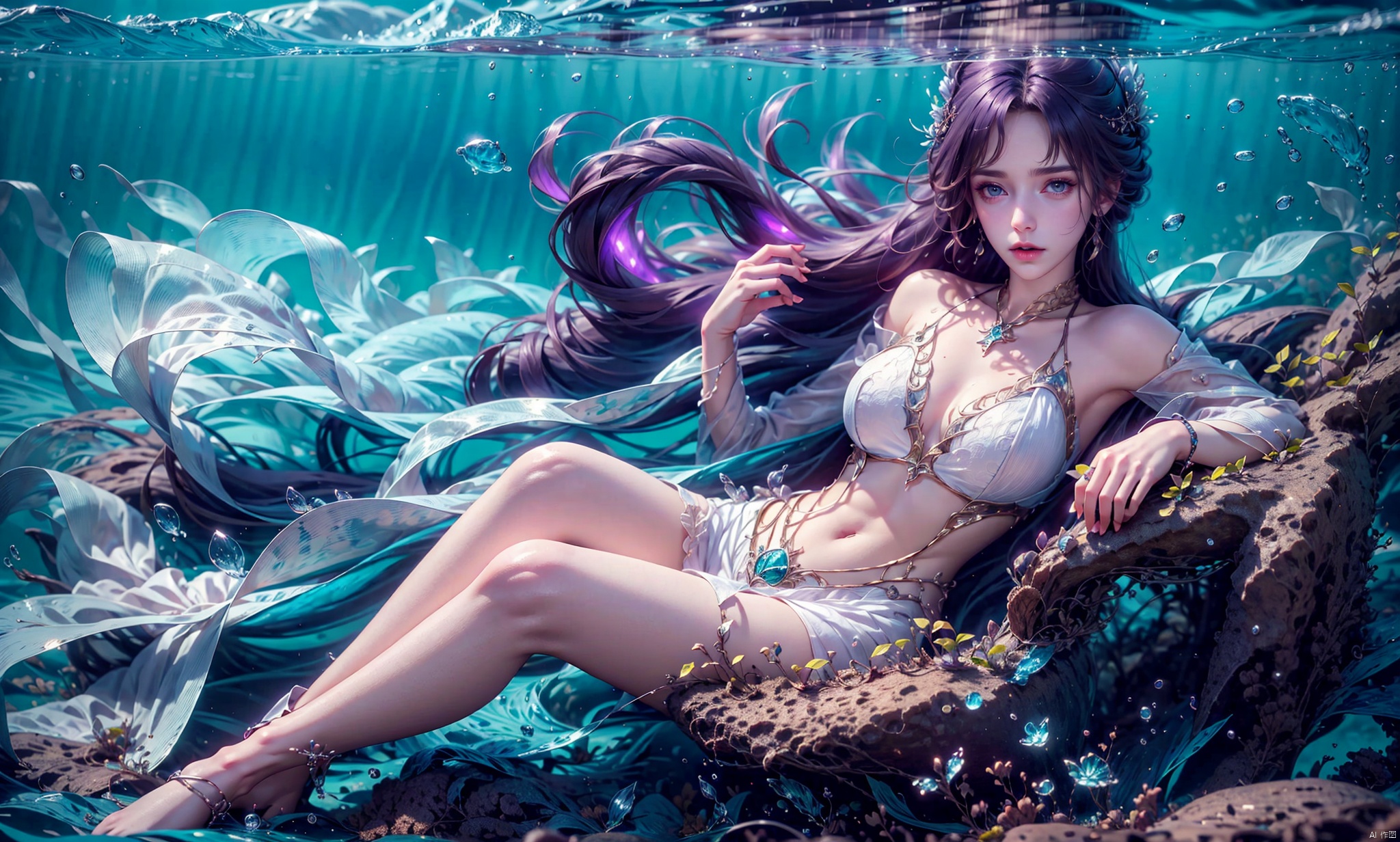  1 Girl, long green hair, purple eyes, curled up inside the ocean ball, full body, quiet, under the sea, bubbles, coral, perspective, depth of field, masterpiece, master work, fantastic, dreamlike, qingyi, 1girl,A gauzy skirt,Long dress, yifu, yunxi, ((poakl)),purple hair