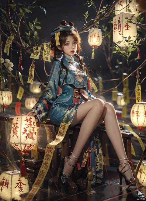 High quality, masterpiece, 1 girl, jiangshi, qing_ Guanmao,breast curtains,china dress, spells,Sexy, ((poakl)), 1girl