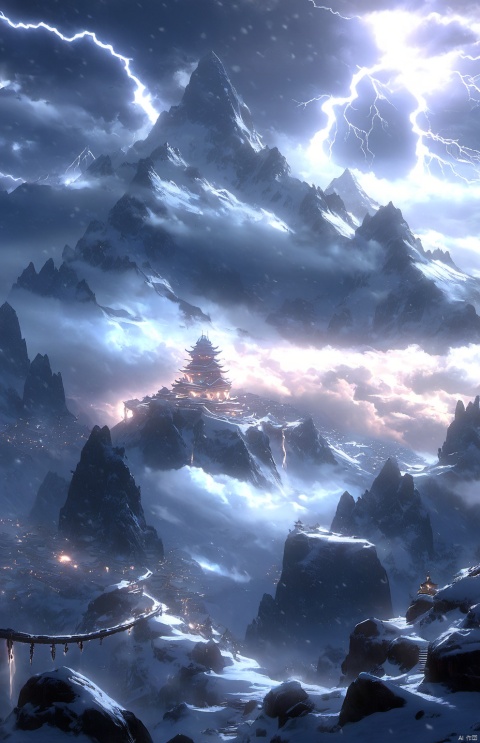  Arien view, view is a beautiful scenery of the mountains, sky, cloud, and snow-covered trees. In the fantasy world, lightning shines brightly from the clouds, casting a warm glow over the outdoors. The sound of snowflakes falling adds a winter touch, while the sight of the majestic mountains takes your breath away.