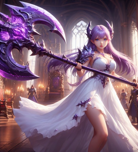  an action shot of a  girl wielding a giant purple battleaxe, wearing a white dress, 8K, HD, amazing quality, throneroom in background, anime style, anime, HD, masterpiece, best quality, hyper detailed, ultra detailed, realistic, Atomictits