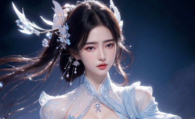 Face close-up, (Good structure),cowboy_shot, DSLR Quality,Depth of field ,looking_at_viewer,Dynamic pose, , ,
1 girl,(blue light effect),hair ornament,jewelry,looking at viewer, (\meng ze\), wangyushan, dofas,(ultra-detailed crystallization),transparent crystals, qingyi, limuwan, yunxi, liuyifei