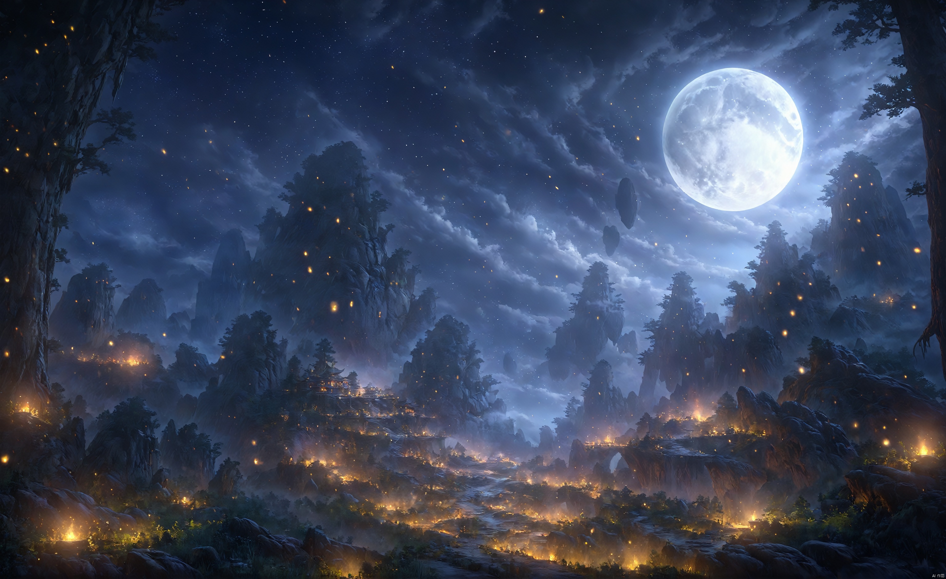 YE,scenery,moon,night,tree,outdoors,sky,star \(sky\),full moon,night sky,nature,starry sky,forest,rock,fireflies,light particles,cloud,moonlight,,, with intense rainfall,monochromatic,masterpiece,best quality,high quality,extremely detailed CG unity 8k wallpaper,award winning photography,Bokeh,Depth of Field,HDR,bloom,Chromatic Aberration,Photorealistic,extremely detailed,trending on artstation,trending on CGsociety,Intricate,High Detail,dramatic,art by midjourney,volumetric lighting,