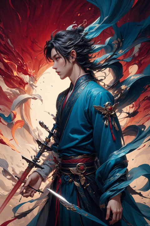 (((Slight profile))),male,chinese_style,(sword:1.2),medium hair,red eyes,(solo:1.3),,
Professional,(masterpiece:1.2),best quality,PIXIV,taoist, eaba, huacheng,Look into the camera,Blue robes, blue clothes