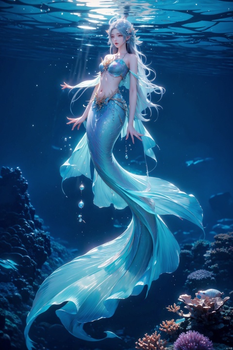  absurdres, highres, ultra detailed, (1girl), (((full body))),BREAK, infrared photography, otherworldly hues, surreal landscapes, unseen light, ethereal glow, vibrant colors, ghostly effect,
Magical undersea kingdom, elegant mermaid princess, shimmering scales and flowing seaweed hair, coral reef palace with vibrant sea creatures, sunlight filtering through the water creating a dreamy ambiance, intricate underwater architecture and ethereal lighting, a sense of wonder and enchantment, created as a watercolor painting with soft, luminous colors, capturing the mystical beauty of an aquatic realm., qingyi, , Purple light effect