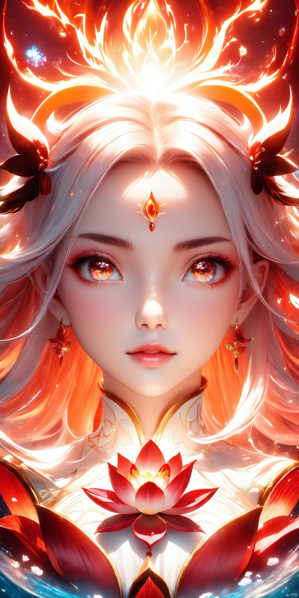  HD, CG, extreme details, fairy style, fisheye lens, exquisite facial features, clear pupils,professional camera, 8k photos, wallpaper,  Through HD CG, the beautiful Light Klein Albedo Red Lotus Goddess in the light Klein Elbedo Fire, Crystal Clear, Volume Light, Lightning Effects, 8K, Ultra HD, Blizzard style art trend, luminous fog, volume light, volume light HD, 8k, xihua