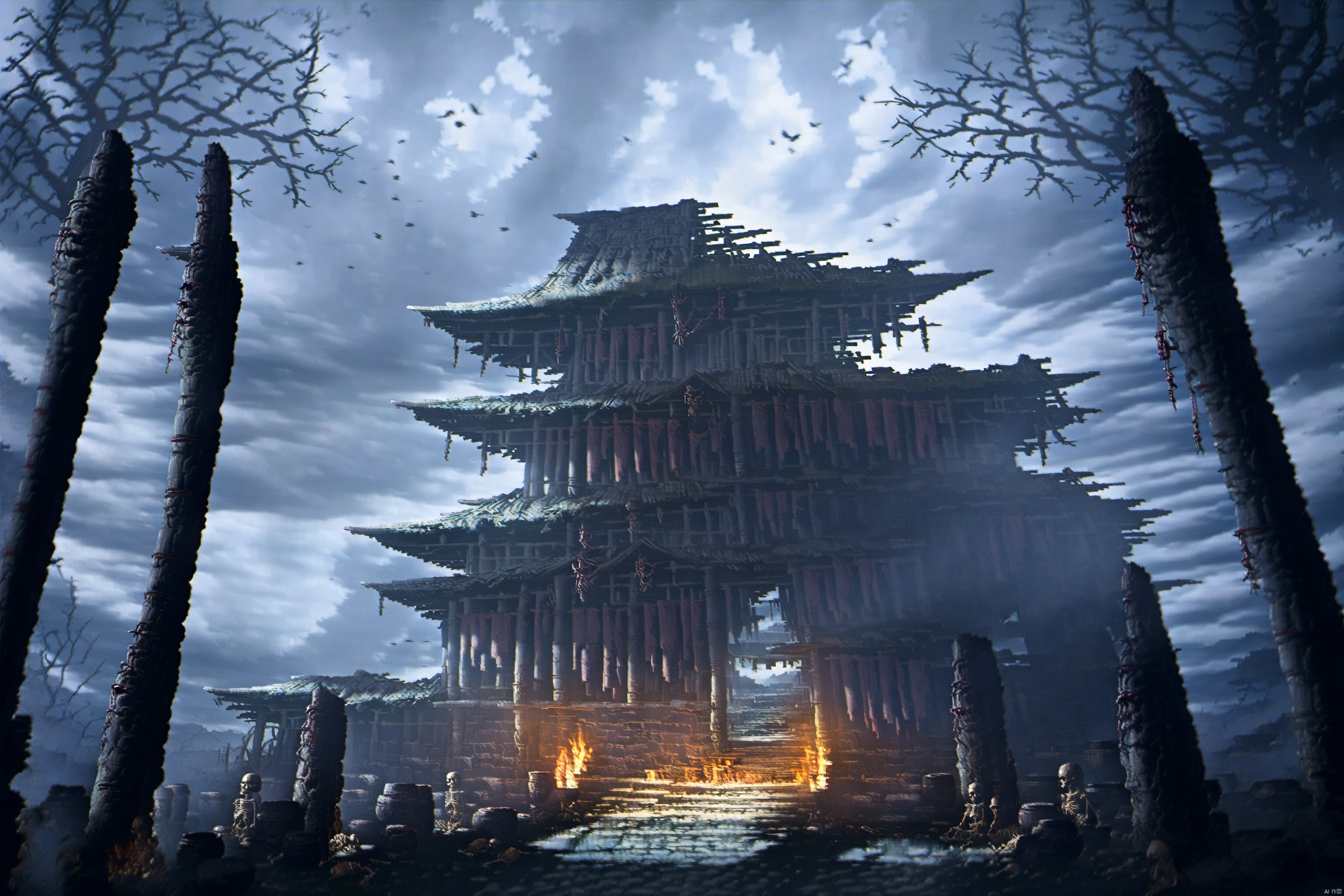  RPG,First view, no one, outside, outside the temple, fire, old, dark sky, old temple, ruins, stakes, skeletons, birds, twisted tree trunks, doors