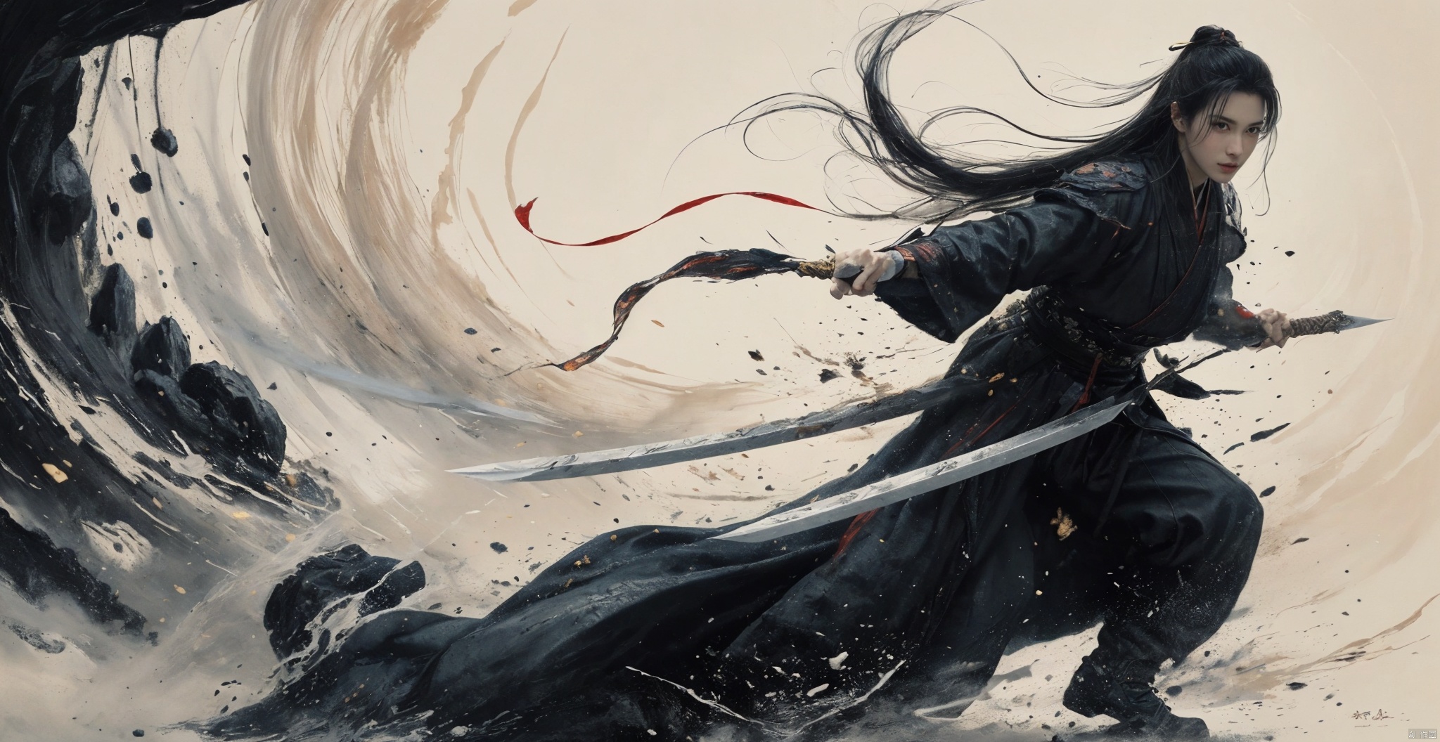  sdmai, wuxia, Chinese ink painting, artistic ink painting, Chinese martial arts films, wearing black robes, fighting posture, cinematic grandeur, splashing details, wild and powerful, solo, weapon, black hair, sword, long hair, male focus, looking at viewer, 1boy, scar, asuo, 1boy, solo, ,long hair,With a sword in hand, the body rotates forward, rotates the knife, eyes look at the enemy, ink, ink splashing, the cloak is landscape painting