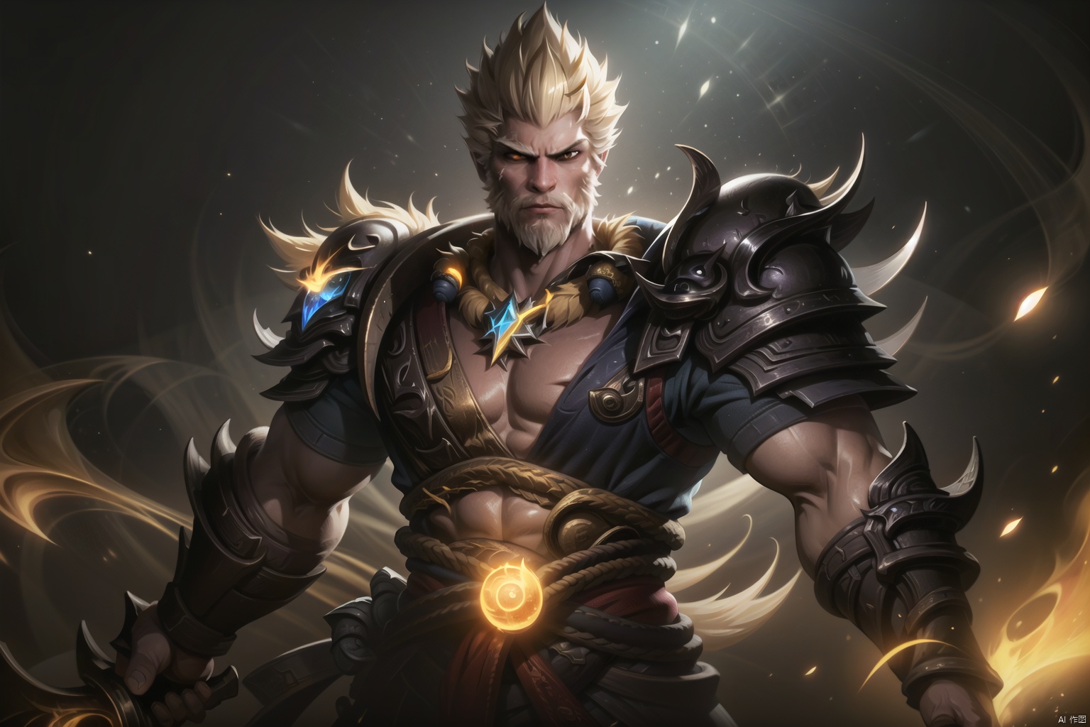  The heroic character in "League of Legends", he wears warrior armor, exudes a golden aura, and holds a big knife in his hand. A close-up of a character, this painting adopts the fantasy art style of "League of Legends" illustrations. --ar 128:85, Darius, songoku,black monkey king,golden