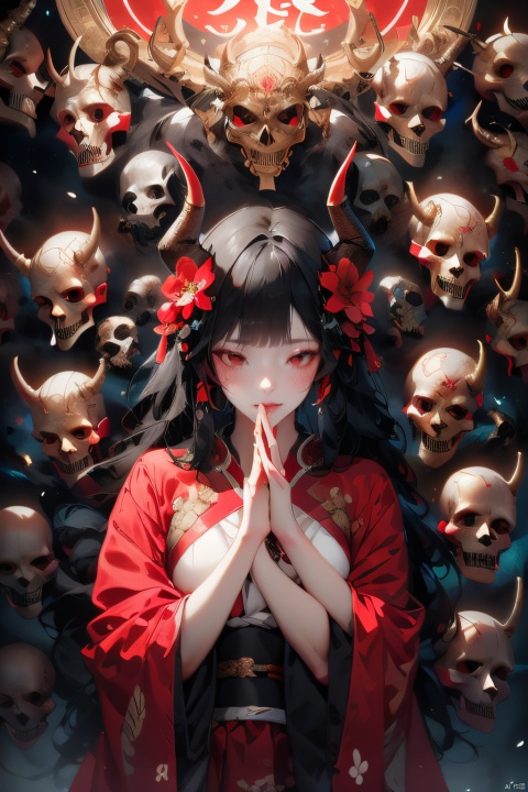 (masterpiece:1.2), best quality,pixiv,1girl, flower, black hair, red eyes, hair ornament, hair flower, mask, looking at viewer, red flower, long sleeves, standing, red dress, holding, tattoo, wide sleeves, dress, own hands together, horns, skull, artist name, short hair, chinese clothes, robe   