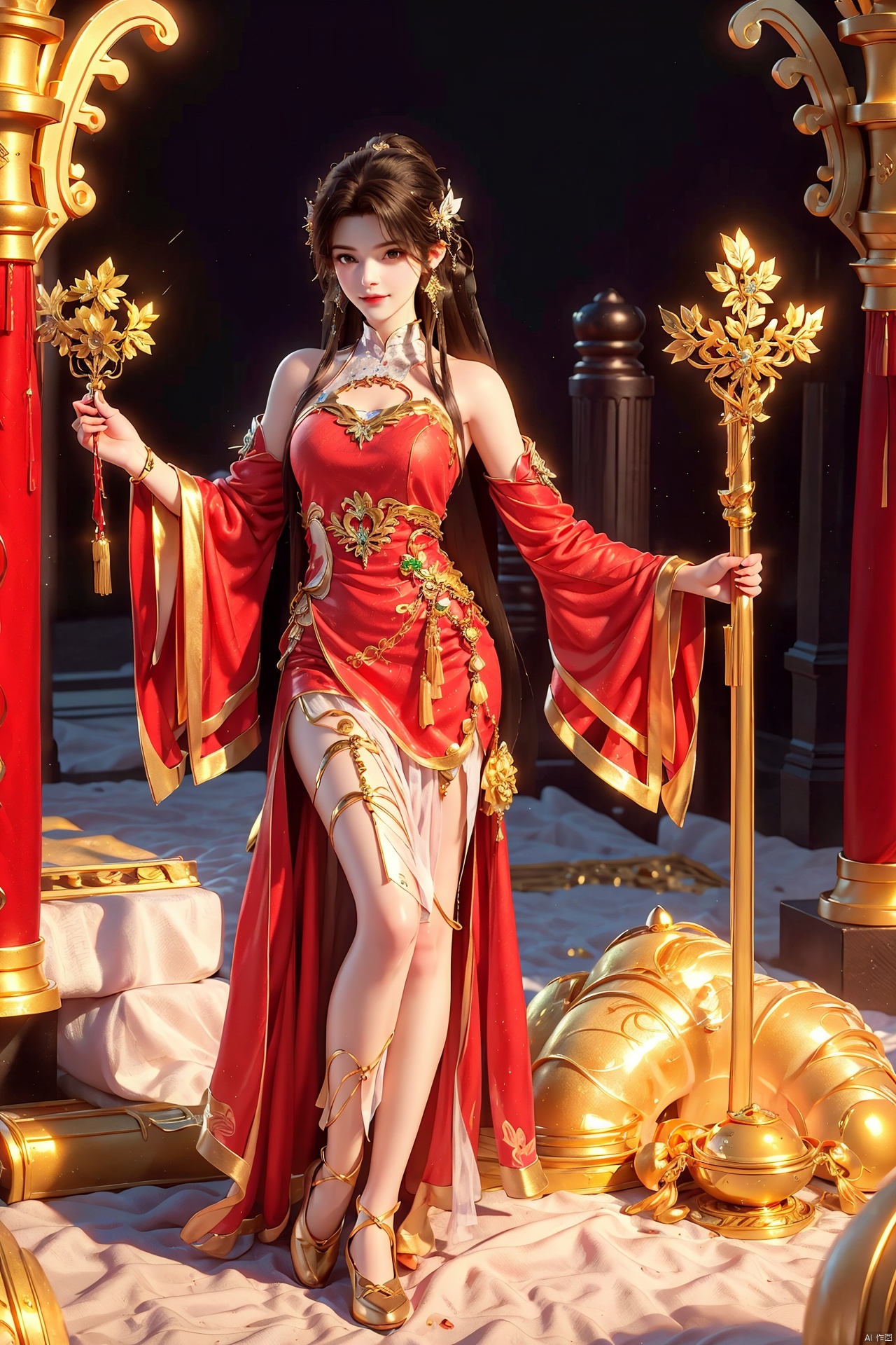 ((( full body))), Hold the gold ingots with your hands open, hold the gold ingots in your hands, Looking from top to bottom,A girl,Long red hair,red dress,God of wealth,((( full body))), lots of gold coins falling, gold coins shining, festive atmosphere, solo, blush, smile, smiling eyes,, wide sleeves,, hat, 3D modeling and rendering, high definition, detail enhancement,facai, facai,Hair accessories,,messy bun, looking at the audience, soft lighting,Best quality, ultra-high resolution, (photo realism: 1.4),enticing posture, 1girl, facai,yuzu, qingyi,hair ornament