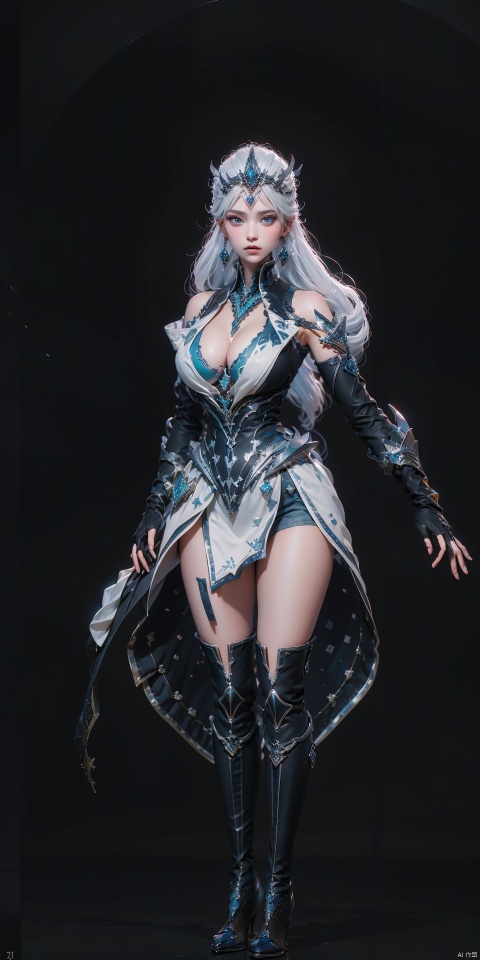  Luna,1girl,solo,full body,earrings,jewelry,gloves,thighhighs,boots,long hair,blue eyes,elbow gloves,fingerless gloves,white hair,bare shoulders,clothing cutout,medium breasts,armor,, (raw photo:1.2),((photorealistic:1.4))best quality,masterpiece,illustration,an extremely delicate and beautiful,extremely detailed,CG,unity,8k wallpaper,Amazing,finely detail,masterpiece,best quality,official art,extremely detailed CG unity 8k wallpaper,absurdres,incredibly absurdres,huge filesize,ultra-detailed,highres,extremely detailed,beautiful detailed girl,cinematic lighting,1girl,pale skin,tall female,(perfect body shape),skinny body,Slender legs, 1girl