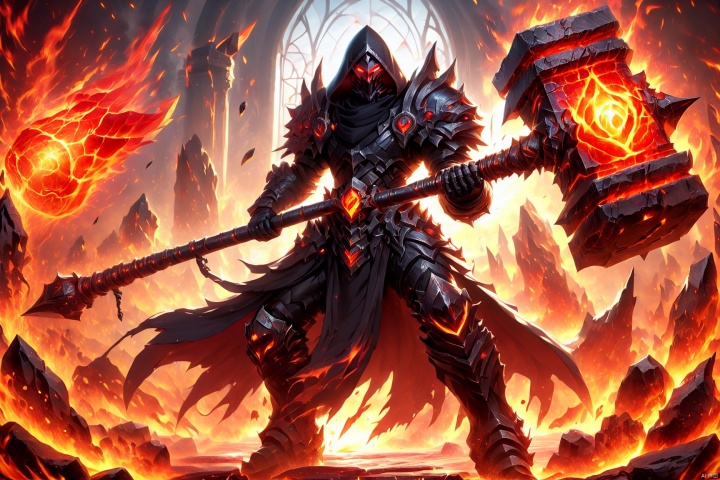  an anime action shot of a fantasy game character wielding a giant magma battlehammer, wearing black armor and hood, 8K, HD, amazing quality, burning allay in background, HD, masterpiece, best quality, hyper detailed, ultra detailed, realistic