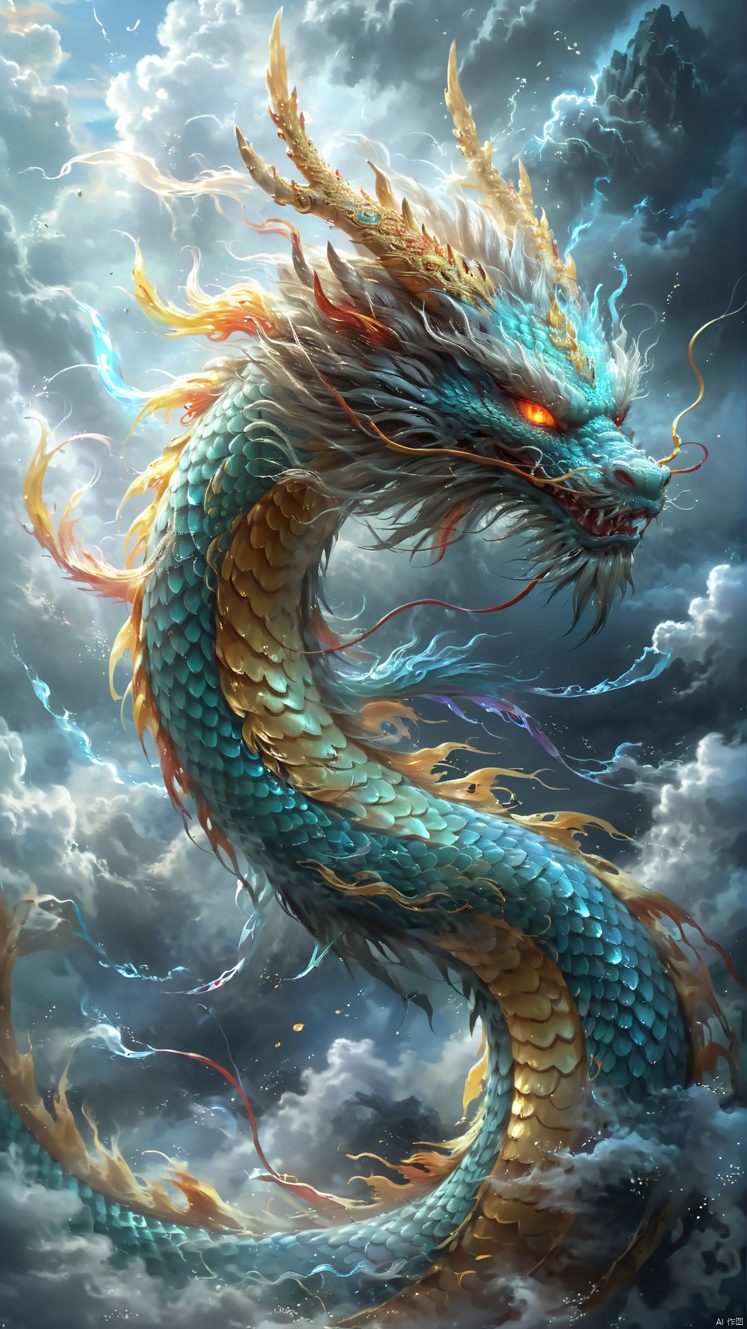  majestic Dragon King with Eastern characteristics, Chinese dragon symbolism, imposing and awe-inspiring presence, wisdom emanating from its eyes, protector of realms, powerful and commanding, traditional Chinese art style, intricate dragon scales shimmering in ethereal light, long swirling whiskers, claws gripping the clouds, surrounded by a mist of celestial energy, vibrant dragon aura, mystical and ancient, ornate decorations symbolizing royalty and authority, (best quality,4k,8k,highres,masterpiece:1.2), ultra-detailed, (realistic, photorealistic, photo-realistic:1.37), dynamic composition, (emperor's presence:1.1), (spiritual guardian:1.1), majestic dragon form, fierce expression, powerful stance, divine protector, supreme dragon, mythical atmosphere, (rich colors:1.1), (light rays:1.1), (floating palace, celestial kingdom), traditional Chinese motifs, fiery dragon eyes, dragon's wisdom, legendary creature, majestic skies, (auspicious clouds:1.1), strong visual impact