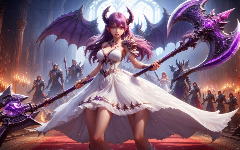  an action shot of a girl wielding a giant purple battleaxe, wearing a white dress, 8K, HD, amazing quality, throneroom in background, anime style, anime, HD, masterpiece, best quality, hyper detailed, ultra detailed, realistic, Atomictits,A 20-year-old girl, DEVIL GIRL_XL red skin and tail