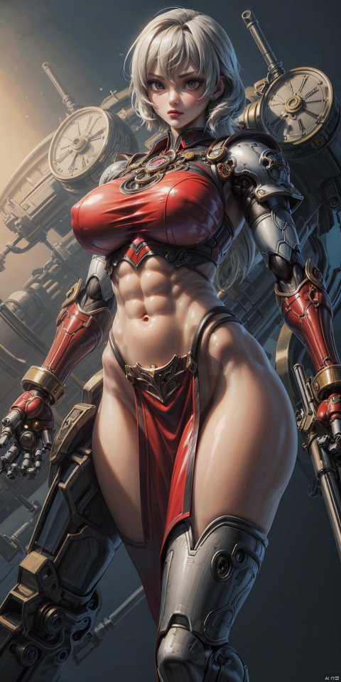  (Masterpiece: 1.6, (highly detailed: 1.6), (best quality: 1.6) (high resolution: 1.6) 1 nude girl, red patent leather Skin-tight garment, (mechanical: 1.1), complex decoration, armed weapons, Futurism, huge breasts, punk,machinery,blue_jijiaS,Sexy muscular,ROBORT,Hourglass body shape,ABS, Mecha dress, Lactating, Wear loin cloth