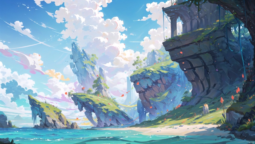  2D ConceptualDesign,beautiful, extremely detailed ,CG ,unity ,8k wallpaper, Amazing, finely detail, masterpiece,best quality,official art,The sea,There is a station in the middle,Blue sky and white clouds, 2D ConceptualDesign, no humans,