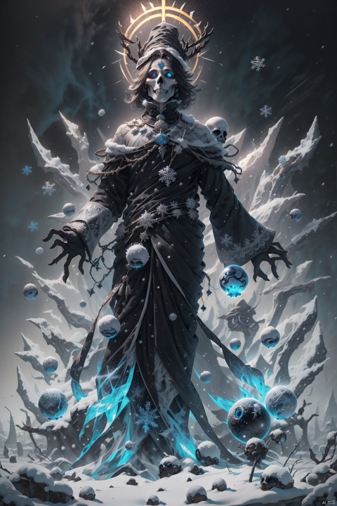  Masterpiece, high detail, 8K, high-definition,(Skull Mage), white skeleton, wearing a black magic robe with a silver white snowflake pattern, a black wizard hat with silver white snowflakes, (sparkling ice blue crystal eyeballs), slightly upturned mouth, surrounded by a silver white magic halo, with small snowflakes floating in the halo, (a black staff inlaid with ice blue crystals, wrapped in a vine like light), with a violent blizzard in the background, The snowflakes rolled up by the strong wind are dancing in the air, and the momentum of the blizzard and the magical aura of the skeleton mage complement each other. The movie lighting effect, depth of field, and sense of luxury

