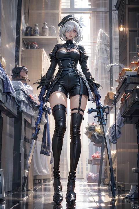  1girl, solo, looking at viewer, short hair, thighhighs, gloves, hat, holding, standing, full body, weapon, white hair, boots, shorts, black gloves, puffy sleeves, black footwear, hair over one eye, high heels, thigh boots, black shorts, mole under mouth, high heel boots, yorha no. 2 type b, yorha type a no. 2
