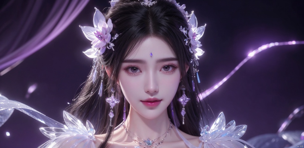 Veils, masks, translucent veils,solo, (Good structure),cowboy_shot, DSLR Quality,Depth of field ,looking_at_viewer,Dynamic pose, , kind smile,
1 girl,(Purple light effect),hair ornament,jewelry,looking at viewer, (\meng ze\), wangyushan, dofas,(ultra-detailed crystallization),transparent crystals, qingyi