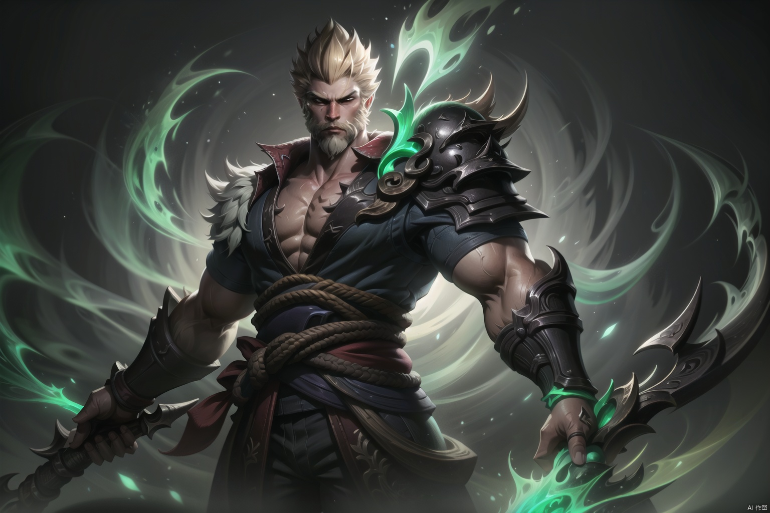  The heroic character in "League of Legends", he wears warrior armor, exudes a green aura, and holds a big knife in his hand. A close-up of a character, this painting adopts the fantasy art style of "League of Legends" illustrations. --ar 128:85, Darius, songoku,black monkey king
