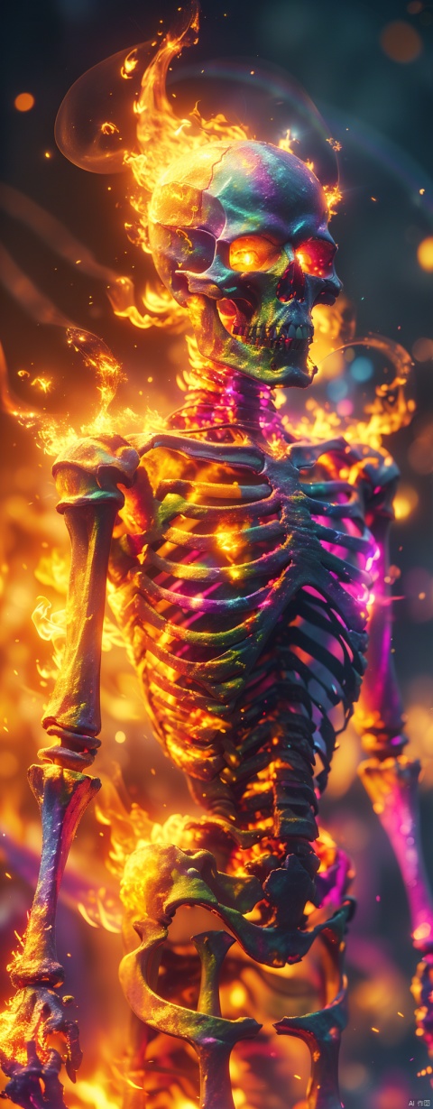 The whole body, (orthofacial),Seven colored flame, rainbow color Armor,Skeletons, wizards,The whole body,flame, burning,sparks,light particles,yinghuo,Colorful flames