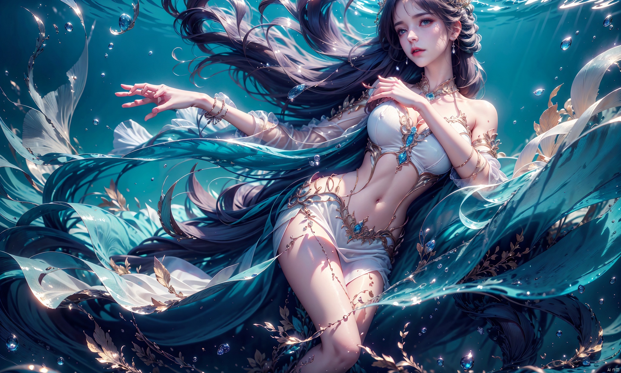  1 Girl, long green hair, purple eyes, curled up inside the ocean ball, full body, quiet, under the sea, bubbles, coral, perspective, depth of field, masterpiece, master work, fantastic, dreamlike, qingyi, 1girl,A gauzy skirt,Long dress, yifu, yunxi, ((poakl))