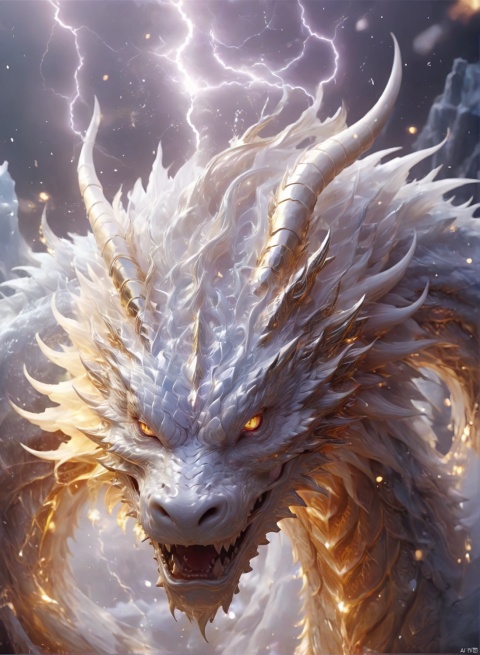 Front, (face: 1.1),((positive)),(( Look at the camera)), , realistic,chinese  White, pure white, white gold. Ice Dragon, desolate, intricately detailed, artistic lightning, particles, beautiful, amazing, highly detailed, digital art, sharp focus, trending on art station,amazing6, amazing6