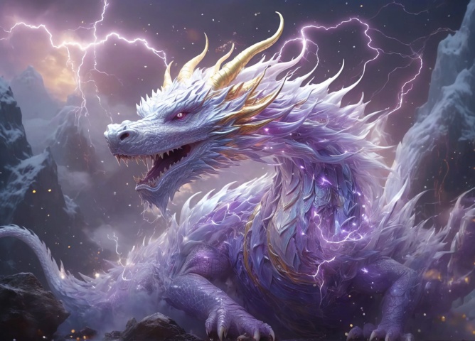 The right side,Right side. Look at the camera, realistic,chinese purple Ice Dragon, desolate, intricately detailed, artistic lightning, particles, beautiful, amazing, highly detailed, digital art, sharp focus, trending on art station,amazing6