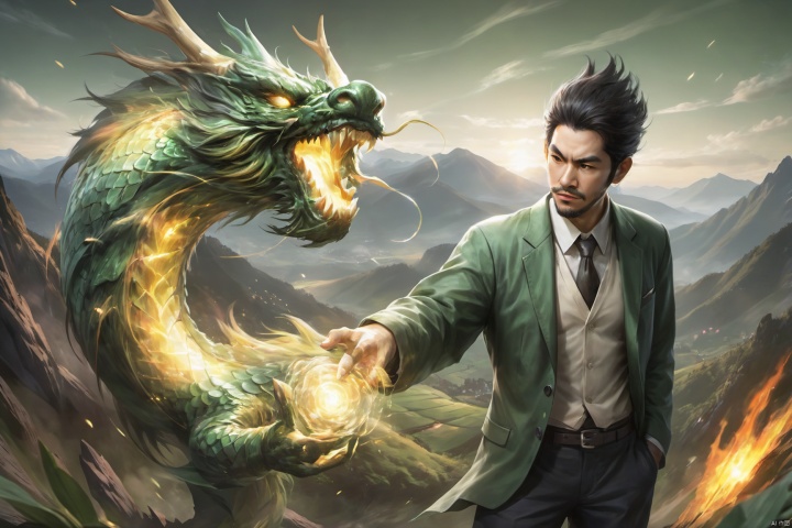  (Ultra-realistic style) (Fluxus Art: 1.5) (Man with light effects fluxus Oriental Dragon), green mountains and poetic landscape