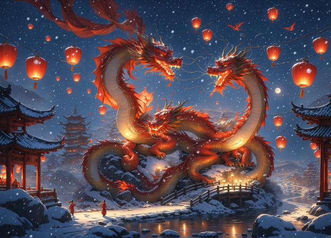  Thick painted national cartoons, textbook illustrations, Feng Zikai, Eastern poetry and painting, dragons, Chinese dragons shuttle through lanterns, during the Dragon Year and Spring Festival, red lanterns float in the sky, with Kongming lanterns, snowfall, moonlight, and brilliant stars, Chen Jialeng, high-quality, 32K crayon and ink, high-quality, 32K, high-quality, masterpiece, perfect composition, BJ_Sacred_beast