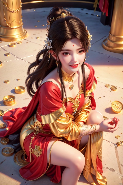 (((Above the knee body))), Hold the gold ingots with your hands open, hold the gold ingots in your hands, Looking from top to bottom,A girl,Long red hair,red dress,God of wealth,((( full body))), lots of gold coins falling, gold coins shining, festive atmosphere, solo, blush, (smile: 1.3), smiling eyes,, wide sleeves,, hat, 3D modeling and rendering, high definition, detail enhancement,facai, facai,Hair accessories,,messy bun, looking at the audience, soft lighting,Best quality, ultra-high resolution, (photo realism: 1.4),enticing posture, 1girl, facai,yuzu, qingyi,hair ornament