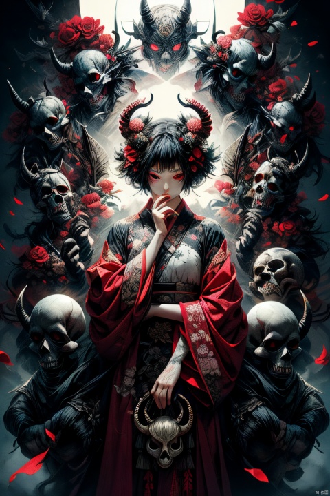 (masterpiece:1.2), best quality,pixiv,1girl, flower, black hair, red eyes, hair ornament, hair flower, mask, looking at viewer, red flower, long sleeves, standing, red dress, holding, tattoo, wide sleeves, dress, own hands together, horns, skull, artist name, short hair, chinese clothes, robe   