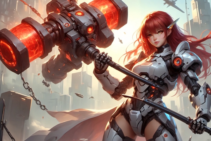  (Masterpiece, best picture quality), Cyberpunk, girl, French bangs, ((metal and transparent shell | splicing robot)), transparent belly:1.1, metal spine:1.2, (Cyber| body paint), aircraft background, dynamic perspective, cyborg, 1girl, 
, mecha, Realistic, Wielding a red gigantic battlehammer