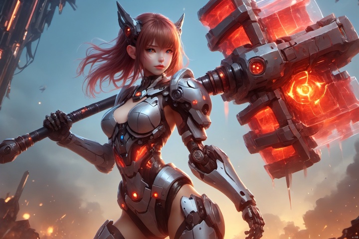  (Masterpiece, best picture quality), Cyberpunk, girl, French bangs, ((metal and transparent shell | splicing robot)), transparent belly:1.1, metal spine:1.2, (Cyber| body paint), aircraft background, dynamic perspective, cyborg, 1girl, 
, mecha, Realistic, Wielding a red gigantic battlehammer