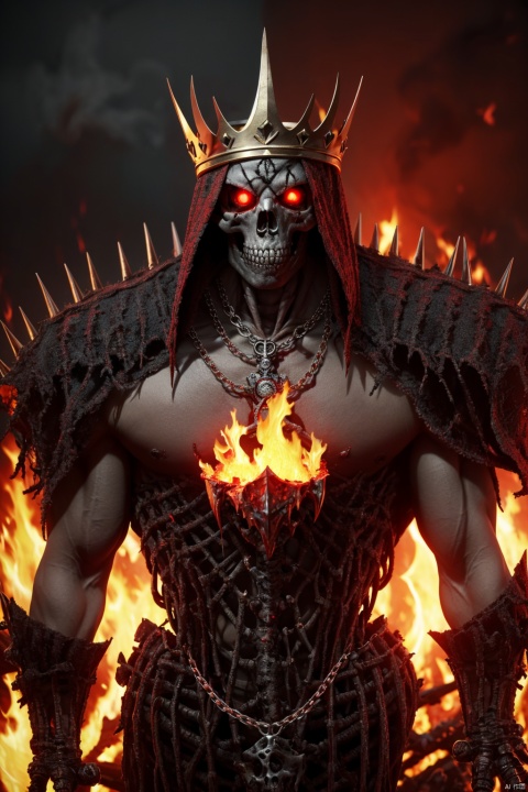  Masterpiece, high detail, 8K, high-definition, Skeleton King, muscular lines, prominent skeletal structure, black armor composed of bones and metal, raised spikes and notches, huge battle axe decorated with bones and metal, burning red eyes, adorned with pendants and necklaces, crown set with precious gemstones, surrounded by special effects of burning flames and dark energy, cinematic lighting, depth of field, overall in red and black tones, with eye-catching yellow accents

, horror (theme)