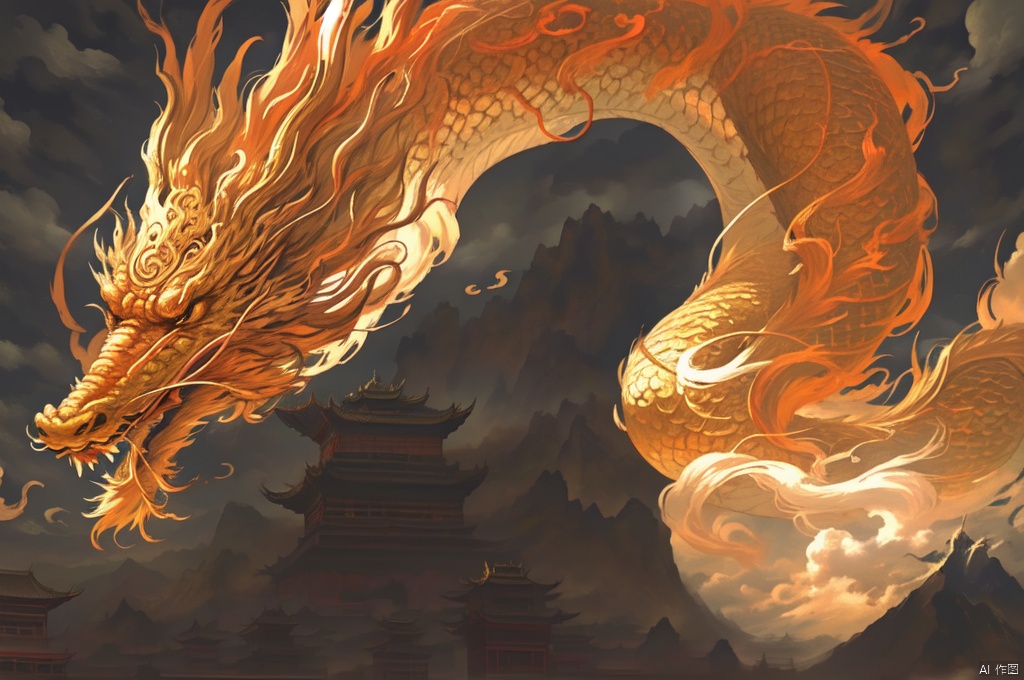 The dragon soars in the sky, surrounded by golden clouds, with ancient chinese Chinese buildings, courtyards, mysterious pavilions, and mountains in the background, dofas, long