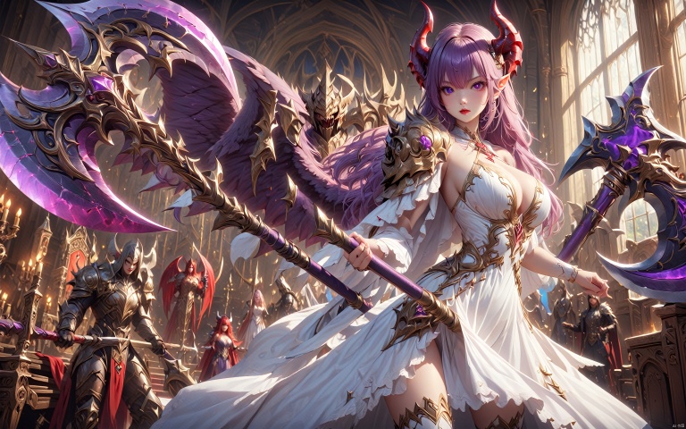  an action shot of a girl wielding a giant purple battleaxe, wearing a white dress, 8K, HD, amazing quality, throneroom in background, , HD, masterpiece, best quality, hyper detailed, ultra detailed, realistic, Atomictits,A 20-year-old girl, DEVIL GIRL_XL red skin and tail, bj_Devil_angel, 1girl, MAJICMIX STYLE
