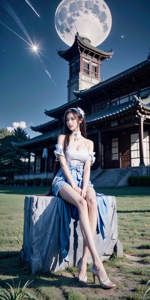  CE,1girl,solo,flower,hair ornament,(high_heels:1.1),hair flower,brown hair,animal ears,dress,long hair,bare shoulders,looking at viewer,braid,twin braids,
drill hair,choker,realistic,green choker,hairband,
moon,scenery,night,sky,grass,outdoors,tree,star \(sky\),night sky,full moon,east asian architecture,architecture,starry sky,shooting star,cloud,building,rock,(sitting:1.3), (raw photo:1.2),((photorealistic:1.4))best quality,masterpiece,illustration,an extremely delicate and beautiful,extremely detailed,CG,unity,8k wallpaper,Amazing,finely detail,masterpiece,best quality,official art,extremely detailed CG unity 8k wallpaper,absurdres,incredibly absurdres,huge filesize,ultra-detailed,highres,extremely detailed,beautiful detailed girl,cinematic lighting,1girl,pale skin,tall female,(perfect body shape),skinny body,Slender legs,, pale skin,tall man,long legs,thin leg,