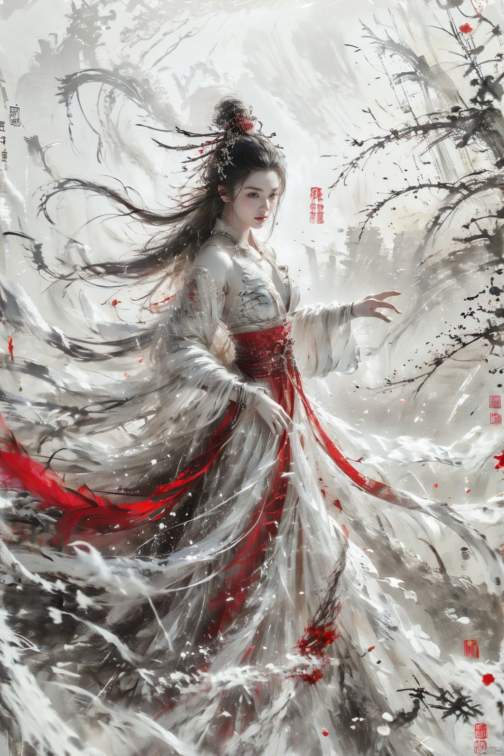  A girl, long hair, strapless, short skirt, cleavage,Masterpieces, masterpieces, high-definition image quality, Ink scattering_Chinese style,Show your legs,cleavage, wunv, xianjing hanfu crane, drakan_longdress_dragon crown_headdress