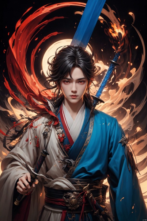  ((Turn the head)),Sharp eyes,male,chinese_style,(sword:1.2),medium hair,red eyes,(solo:1.3),,
Professional,(masterpiece:1.2),best quality,PIXIV,taoist, eaba, huacheng,Look into the camera,Blue robes, blue clothes
