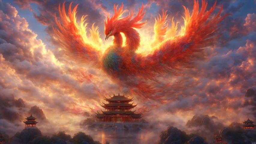  phoenix,Colorful phoenix,Colorful divine light,Clouds and mist wreathed the air,Celestial Mountain,Chinese pavilion,4K, , Multicolored glow,The cloud Ting Sky Pool