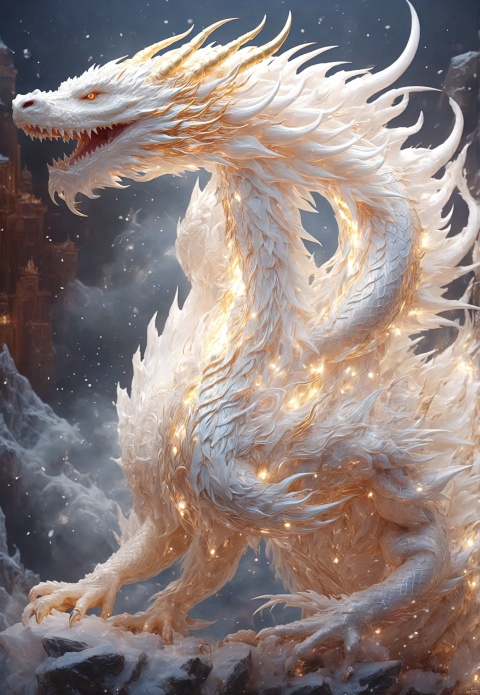 ,((positive)),(( Look at the camera)), , realistic,chinese  White, pure white, white gold. Ice Dragon, desolate, intricately detailed, artistic lightning, particles, beautiful, amazing, highly detailed, digital art, sharp focus, trending on art station,amazing6, amazing6