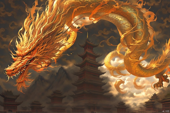 The dragon soars in the sky, surrounded by golden clouds, with ancient chinese Chinese buildings, courtyards, mysterious pavilions, and mountains in the background, dofas, long