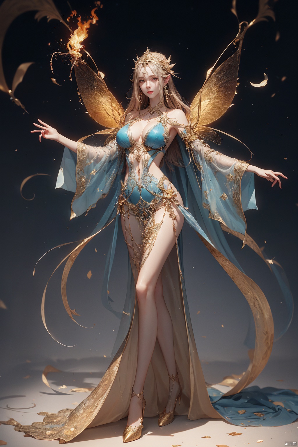  Grim look,fairy,Pretty girl,Slender figure,High quality paintings,full_body,golden and blue, large breasts, temptation,Big long legs, see-through_sleeves , Bright background,Urban style,fire and blood,, , , machinery, jingling