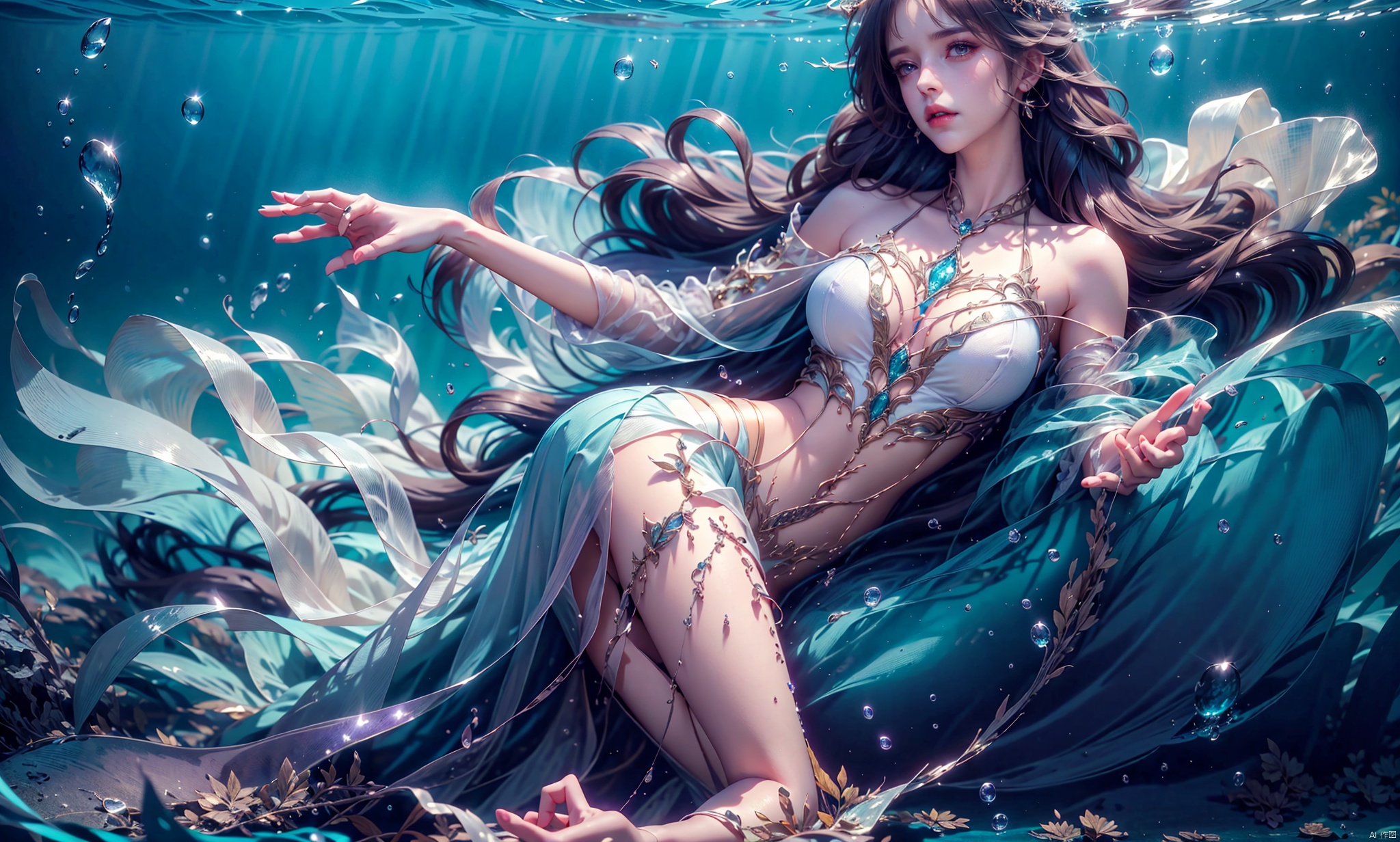  1 Girl, long green hair, purple eyes, curled up inside the ocean ball, full body, quiet, under the sea, bubbles, coral, perspective, depth of field, masterpiece, master work, fantastic, dreamlike, qingyi, 1girl,A gauzy skirt,Long dress, yifu, yunxi, ((poakl))