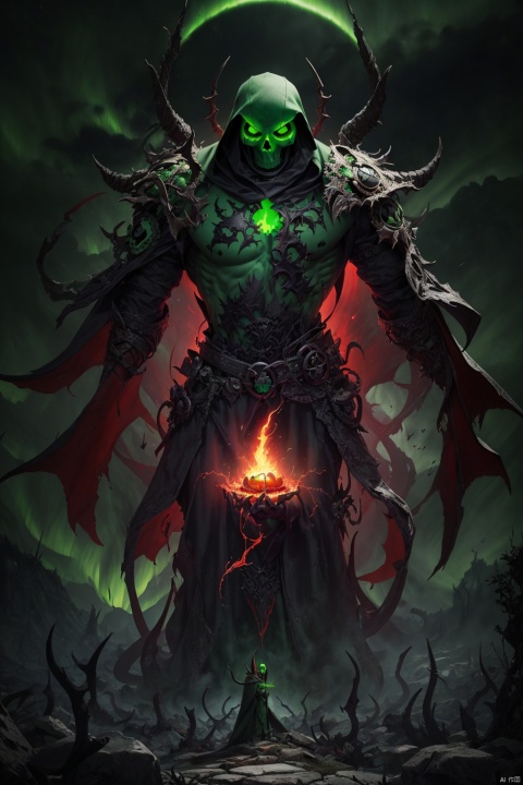 powerfull,horror photo of a (a green skull face demon lich:1.2),cloak,((half body view)),((glowing green eyes)),demonic magic,looking at the viewer,smoke cloak,(cinematic pose),tall structures,aurora background,perfect hands,detailed symmetric circular iris,shadow black magic,apocalyptic,green lightning effects,dark green  sky,infernal city background,tall structures,infernal towers background,dark green colors,apocalyptical,realistic,stunning realistic photograph,3d render,octane render,intricately detailed,cinematic,Isometric,dark fantasy theme,mystical,Dark theme,underworld theme,deviant art masterpiece,crimson eyes,colour grading,dark illustration,extreme quality,extremely detailed,ultra-detailed face,ultra hd 8k,red lightning,concept art,hyperdetailed,triadic colours,fantastical,intricate detail,splash screen,complementary colours,fantasy concept art,8k resolution,soft lighting,film photography,film grain,hyperrealist,